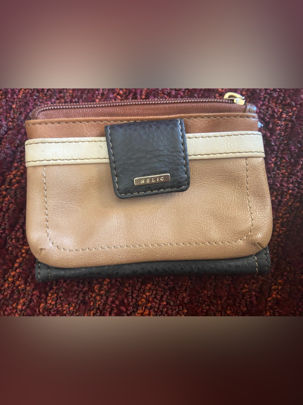 Relic Tri-Panel Wallet in Tan, Black & Cream Accents